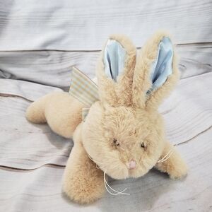 Bearington Baby Tan Blue Bunny Rabbit Plush Stuffed Toy 8 Inch Satin Rattle Bow